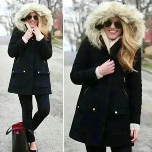 J. Crew Chateau Parka Stadium Cloth Wool Blend Coat Trim Fur Black Size 4